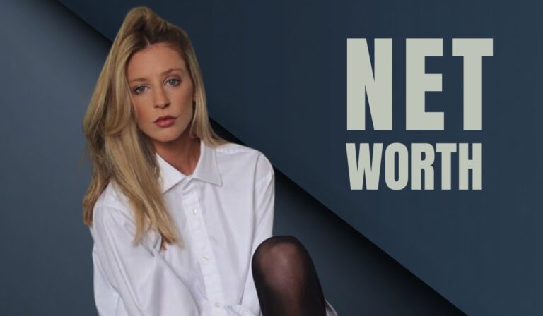 Ava Santina posing in a white shirt with “Net Worth” text beside her