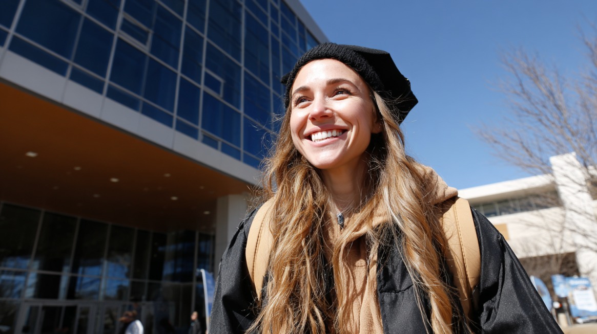 Smiling woman in a graduation robe and beret standing outside a modern academic building