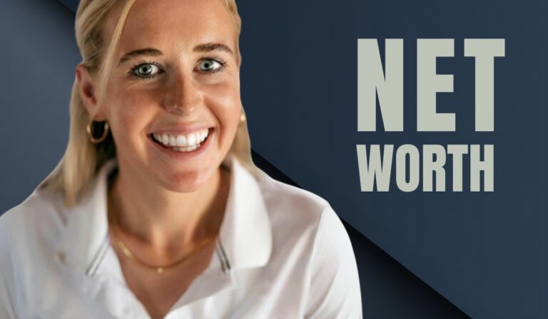 Smiling woman in a white shirt with text "NET WORTH" beside her