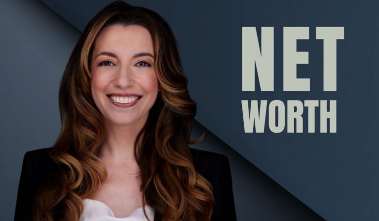 Smiling woman with long hair in business attire next to the words “Net Worth” on a dark blue background