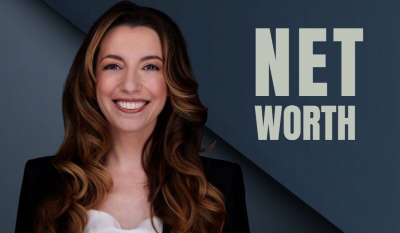 Smiling woman with long hair in business attire next to the words “Net Worth” on a dark blue background