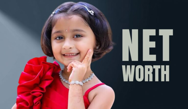 Smiling young girl in a red dress with the text “NET WORTH” beside her
