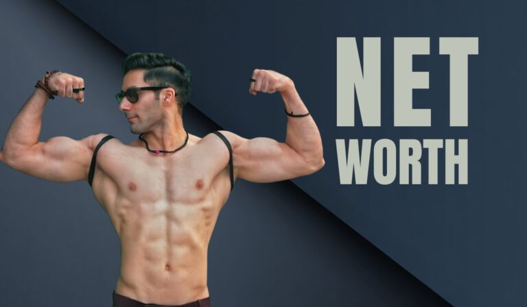 Shirtless Siwet Tomar wearing sunglasses, flexing both arms in a bodybuilding pose next to large text that reads "NET WORTH"