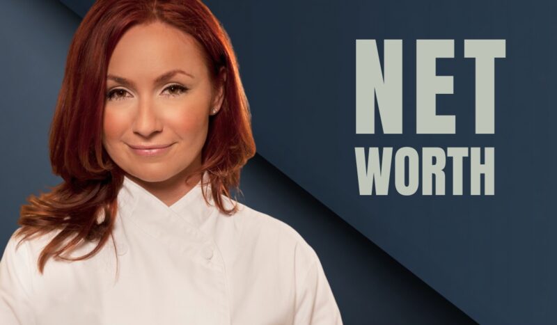Stephanie Boswell smiling in a chef’s coat with the words “Net Worth” in bold next to her on a blue background