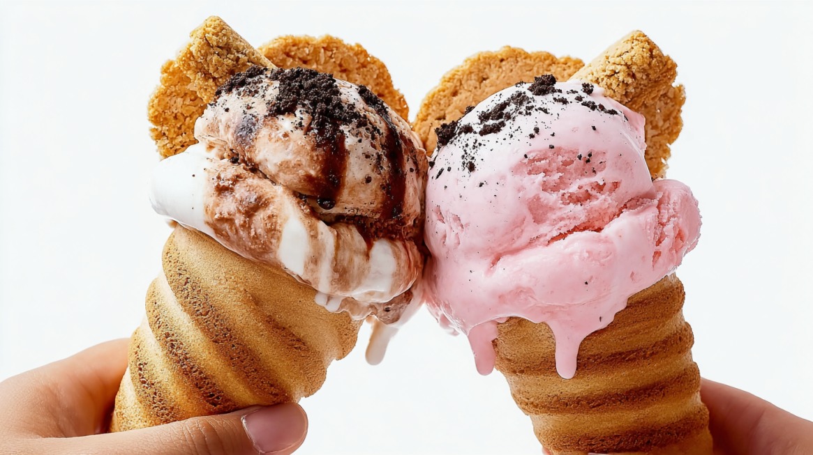 Two hands holding Crispy Cones filled with ice cream—one with chocolate and vanilla swirl topped with chocolate sauce and crumbles, the other with strawberry ice cream topped with cookie crumbles. Each cone has a cookie garnish.