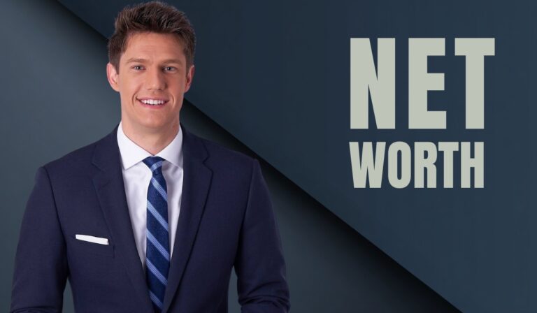 A well-dressed man in a navy suit stands beside bold text that reads "NET WORTH" on a dark blue background