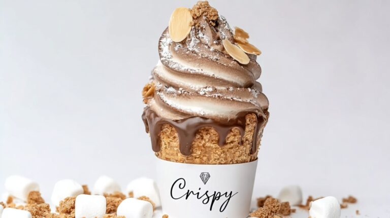 A Crispy Cone dessert featuring a chocolate-dipped cone filled with swirled soft serve ice cream, almond slices, and powdered sugar on top, surrounded by mini marshmallows and cookie crumbles