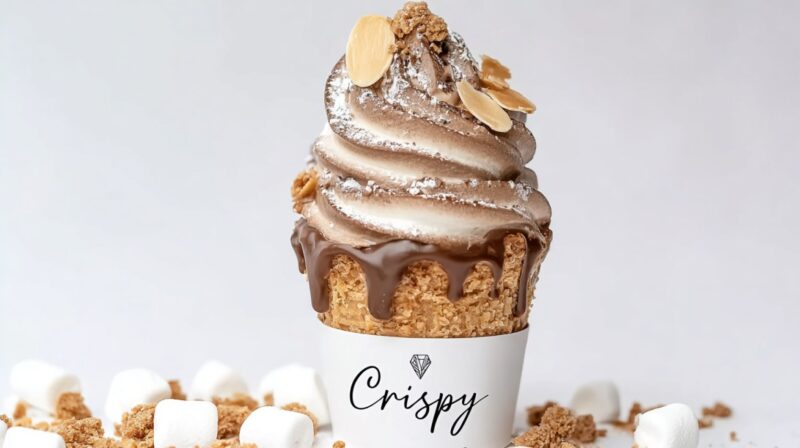 A Crispy Cone dessert featuring a chocolate-dipped cone filled with swirled soft serve ice cream, almond slices, and powdered sugar on top, surrounded by mini marshmallows and cookie crumbles