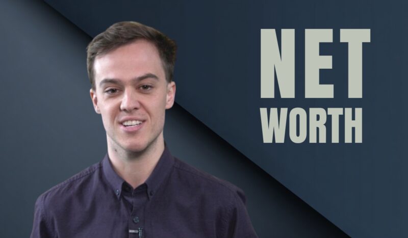 Guy Heveldt in front of a blue background with the words "NET WORTH"