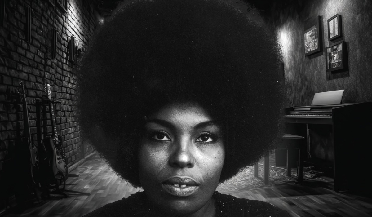 Black and white portrait of Roberta Flack with an afro, set against a music studio background with guitars and a piano