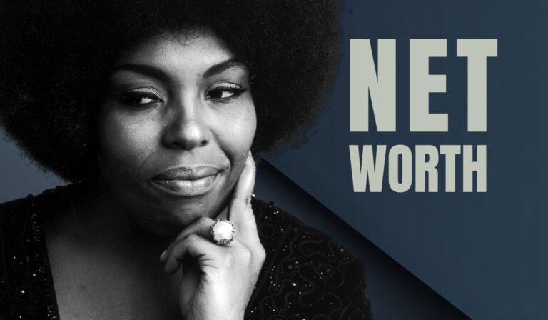 Black and white portrait of Roberta Flack with the words "Net Worth" in large text beside her