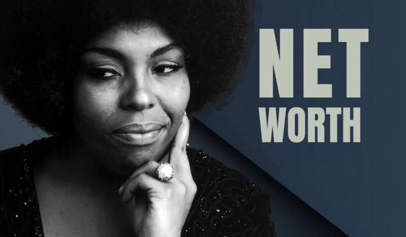Black and white portrait of Roberta Flack with the words "Net Worth" in large text beside her