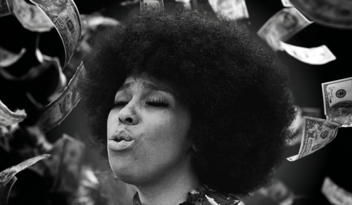 Black and white image of Roberta Flack singing passionately, surrounded by floating U.S. dollar bills