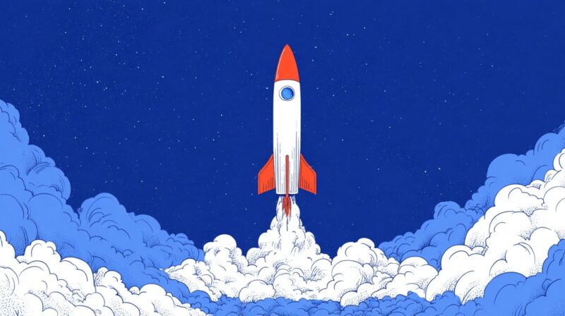 Illustration of a rocket launching into space, symbolizing a startup beginning its journey