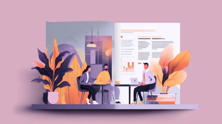 Illustration of a company brochure showing people in a meeting with charts, plants, and design elements, symbolizing creative brochure-making tools