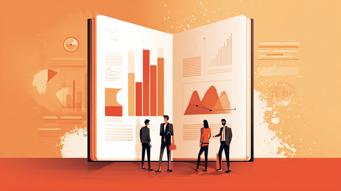 Illustration of business professionals standing in front of a giant open book displaying charts and graphs, symbolizing collaboration and data sharing