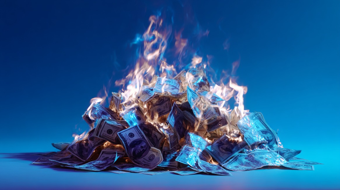 Pile of U.S. dollar bills on fire, symbolizing rapid financial losses or wasted startup funds