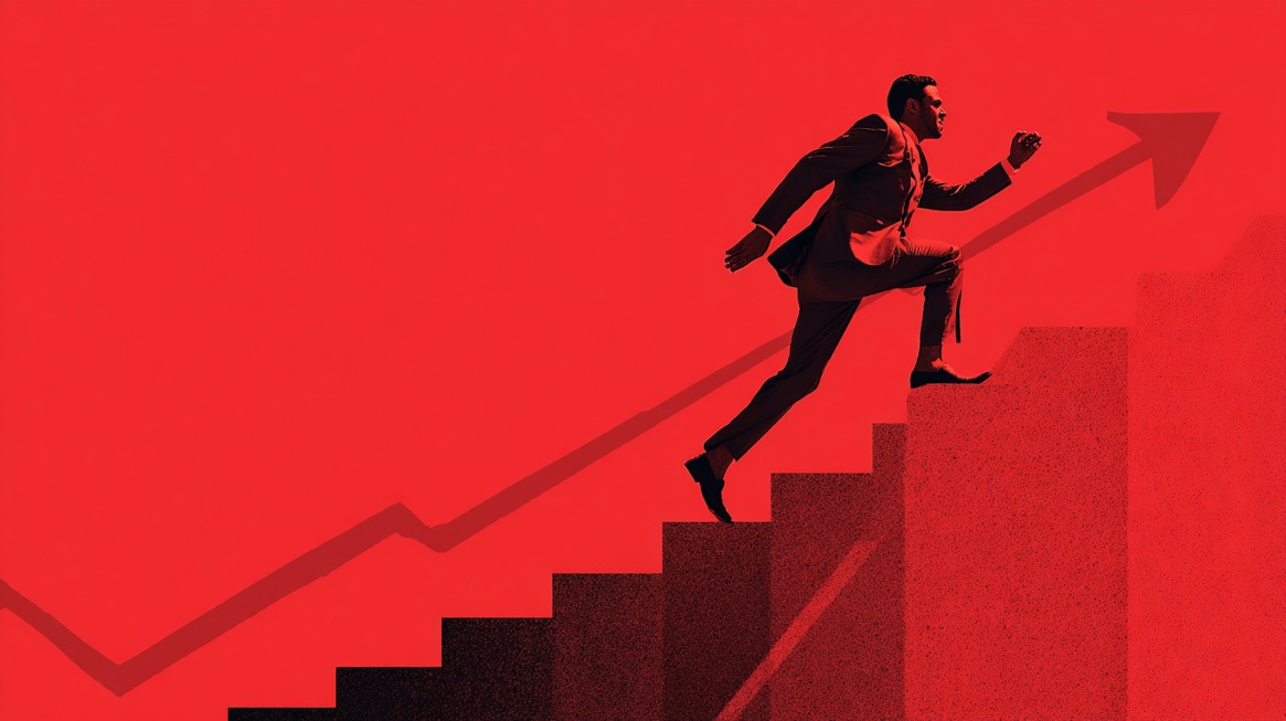 Businessman running up red stairs with an upward arrow, symbolizing chasing rapid growth