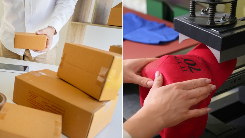 Dropshipping vs print on demand shown with packed boxes on one side and a custom hat being printed on the other