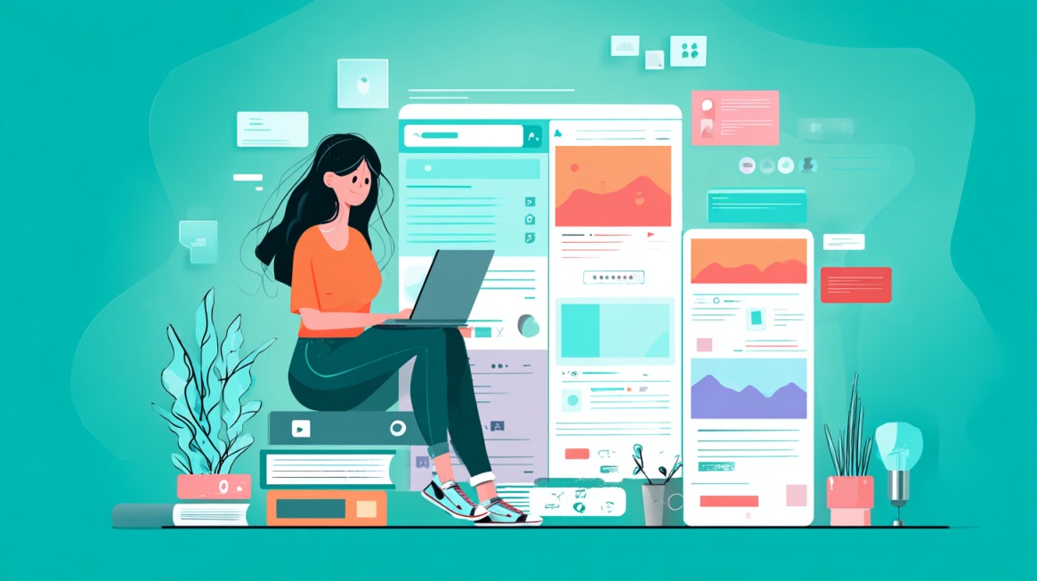 Illustration of a woman working on a laptop surrounded by digital brochure templates and design elements
