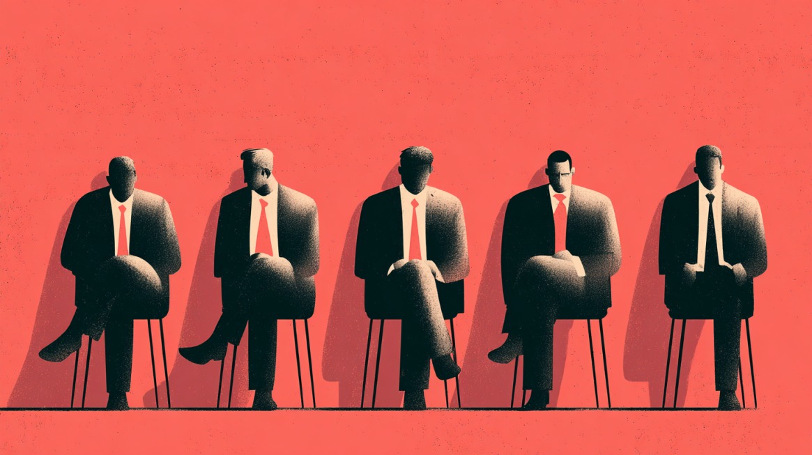 Illustration of five businesspeople in suits sitting in chairs, symbolizing poor hiring choices