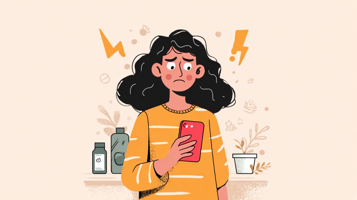 Illustration of a worried woman holding a phone, symbolizing customer dissatisfaction with product pricing