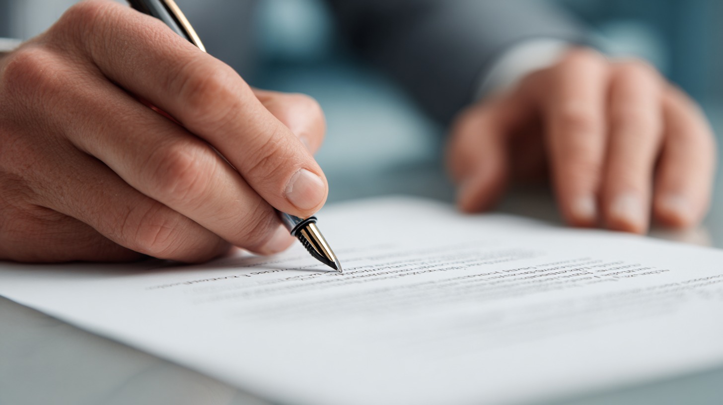Close-up of a person signing a document with a pen, symbolizing the importance of formal agreements in business