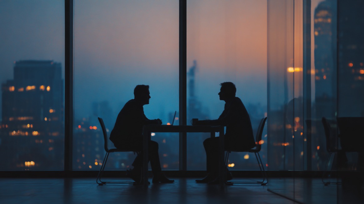Silhouettes of two people in a business meeting at dusk, symbolizing mentorship and guidance