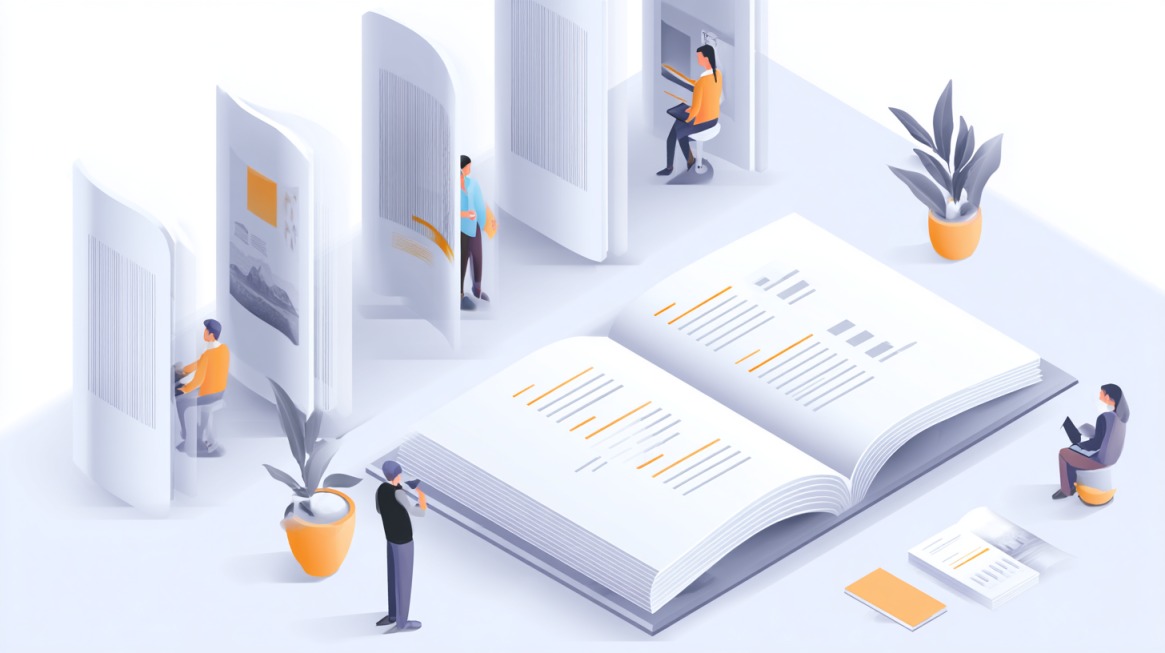 Illustration of people interacting with oversized open brochures and charts, symbolizing brochure printing and distribution