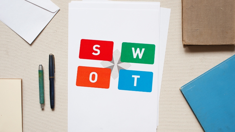 SWOT analysis chart on a desk with pens and papers