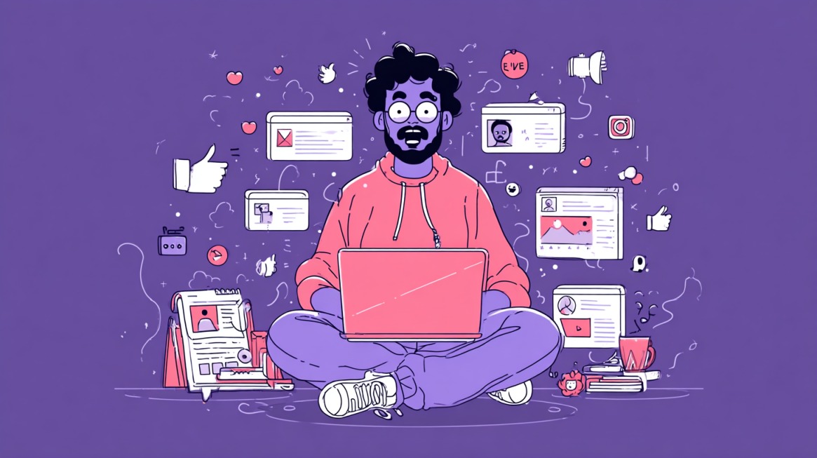 Illustration of a startup founder working on a laptop, surrounded by digital tools and icons symbolizing online business growth