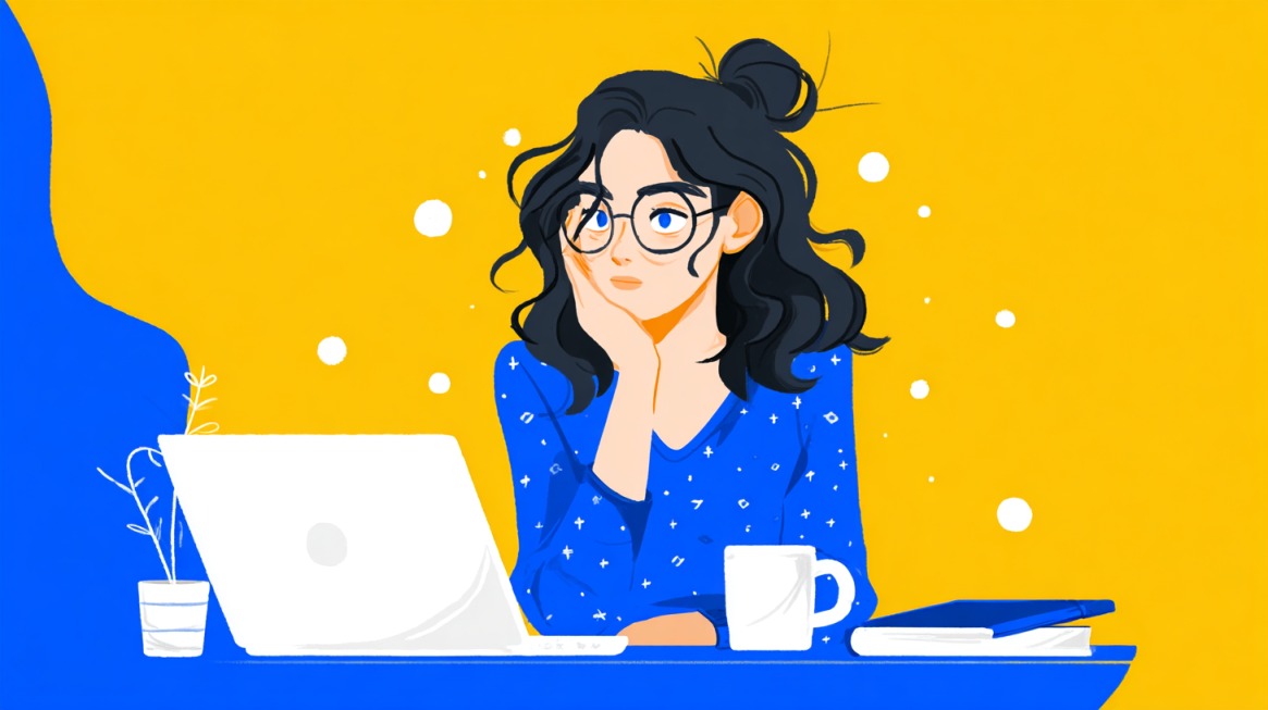 Illustration of a woman with glasses sitting at a laptop, looking uncertain, symbolizing a lack of strong online presence