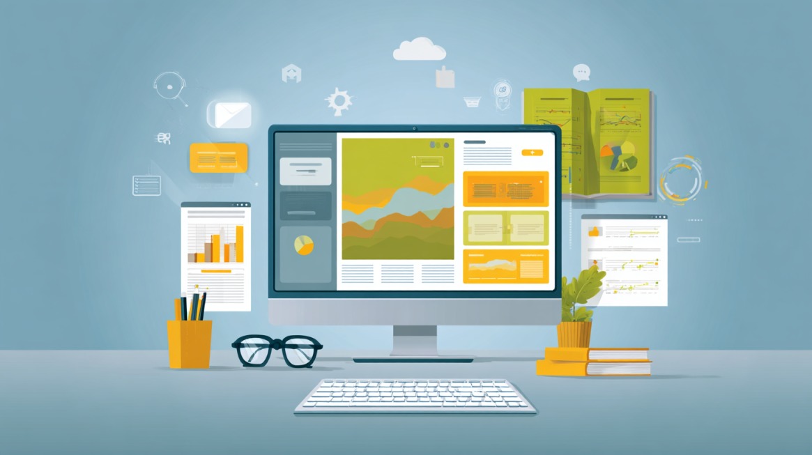 Illustration of a computer screen with brochure layouts, charts, and graphs, representing digital brochure design tools