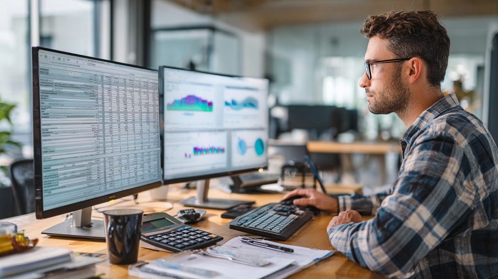 Accountant reviewing Amazon reports on dual monitors with calculator, papers, and coffee mug on desk
