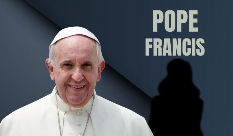 Pope Francis smiling in a portrait with text beside him