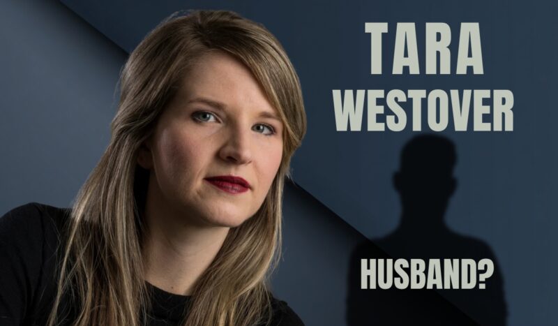 Portrait of Tara Westover with text asking if she has a husband, alongside a shadowy silhouette