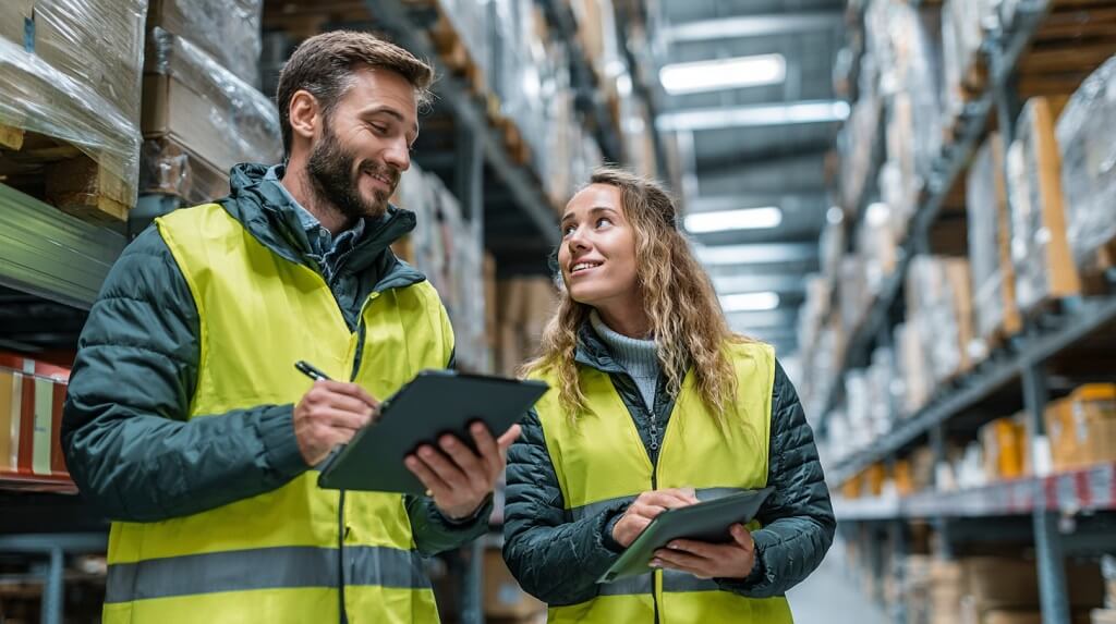 Two warehouse employees conducting inventory audit on tablets, one empty shelf visible