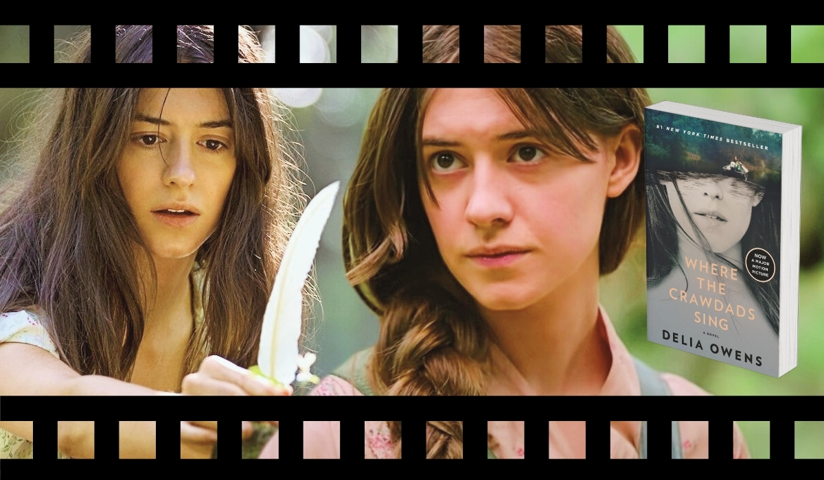 Collage showing two scenes of a young woman from Where the Crawdads Sing and the book cover of Delia Owens’ novel