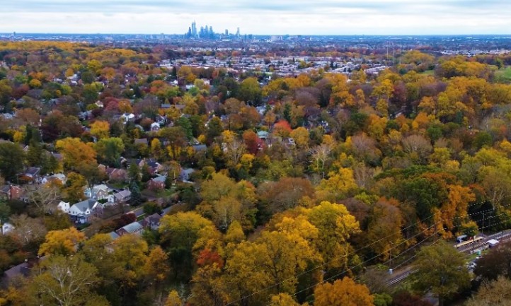 Drone shot of Haverford Township in autumn