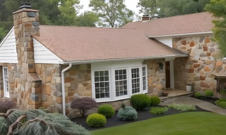 A stone house with a textured stone front and a matching stone driveway leading up to the entrance