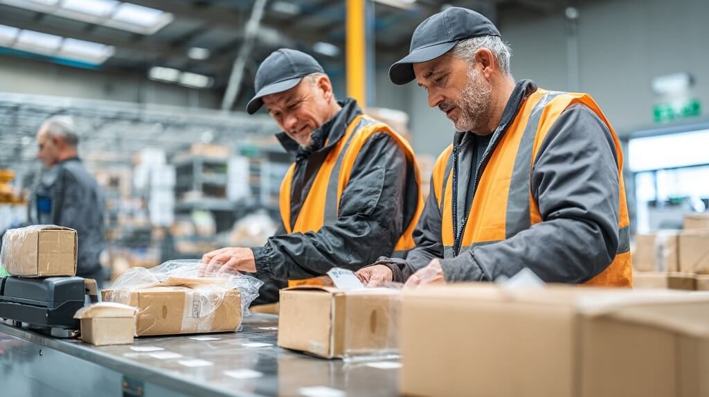 warehouse employees labeling and bagging products at prep table with barcode printer and rolls of labels