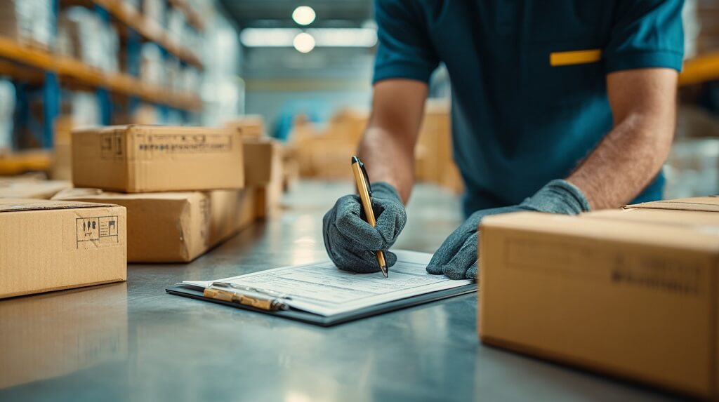 Employee inspecting returned boxes on a warehouse table with open packages and checklist nearby