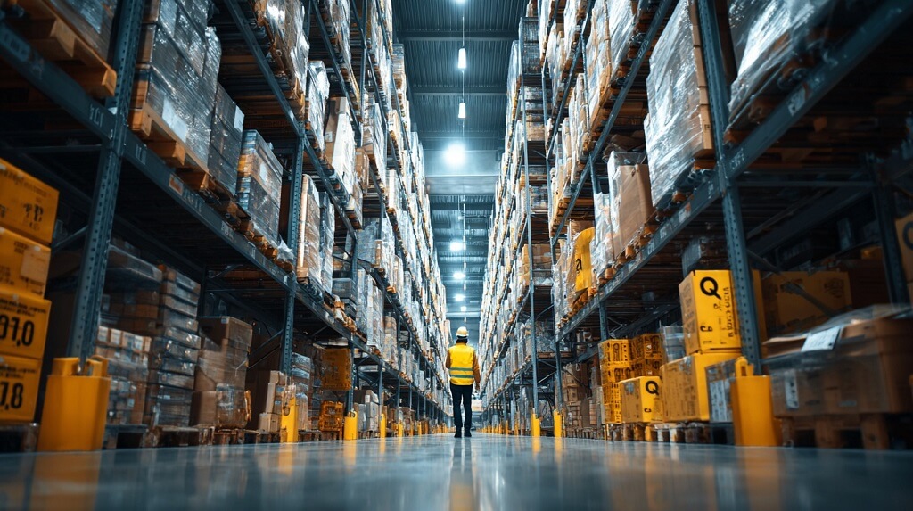 Large warehouse full of boxes labeled Q4 storage,