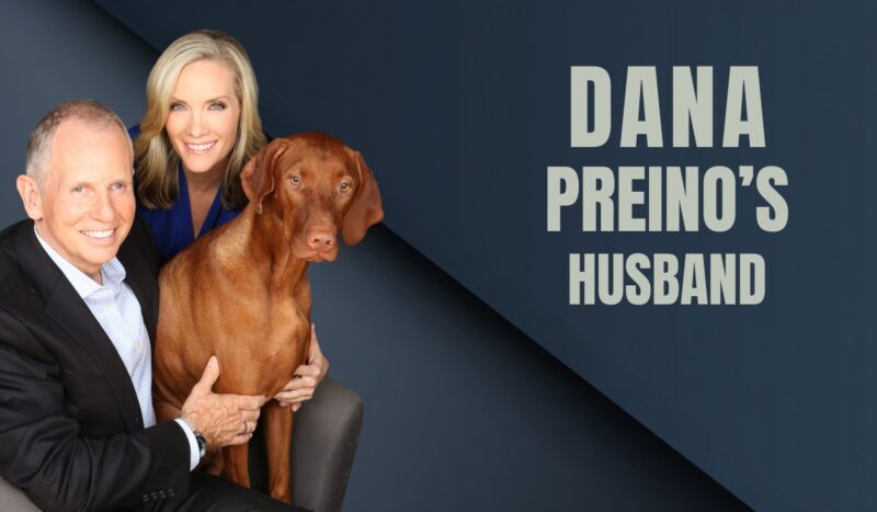 Dana Perino smiling alongside her husband Peter McMahon and their dog, seated together for a portrait