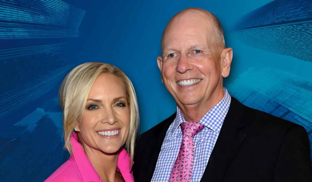 Dana Perino smiling alongside her husband Peter McMahon against a blue background
