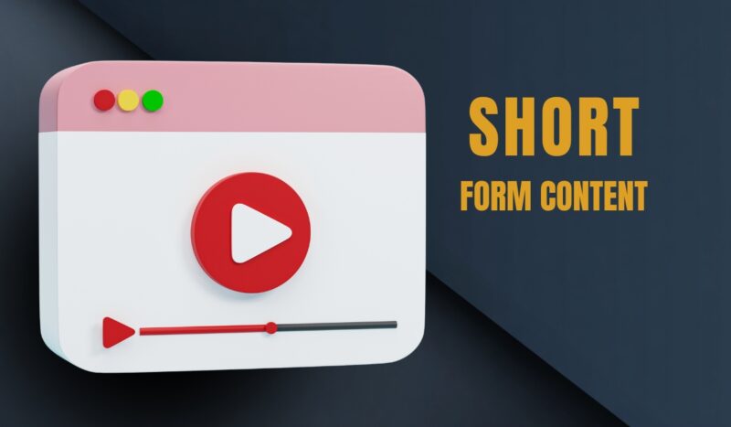 Short form content shown on a video player graphic next to bold text on a dark background