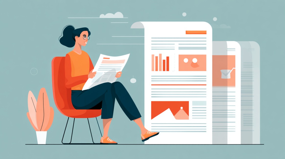 Illustration of a woman reading documents with large content pages displayed beside her