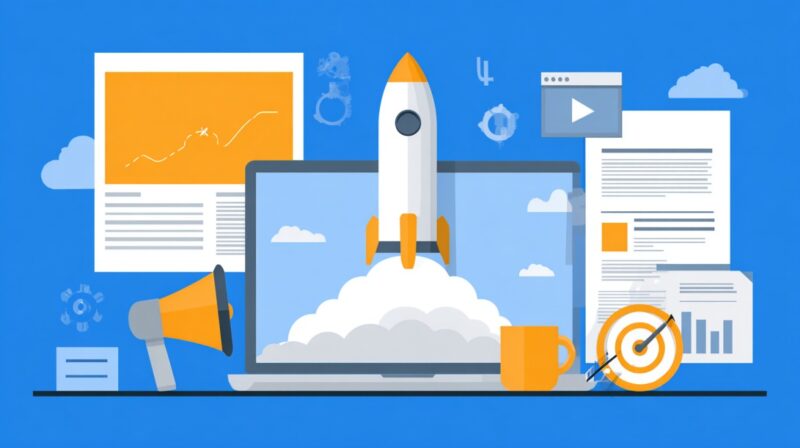 Illustration of a rocket launching from a laptop surrounded by marketing materials