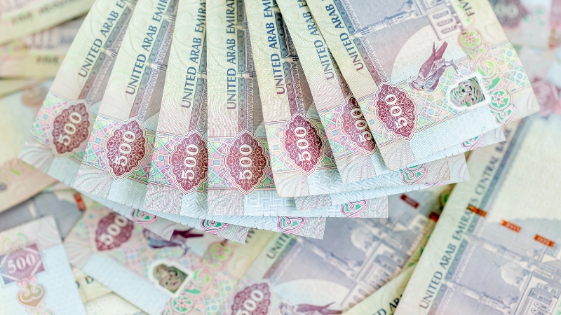 UAE dirham banknotes laid out to represent business setup costs and fees