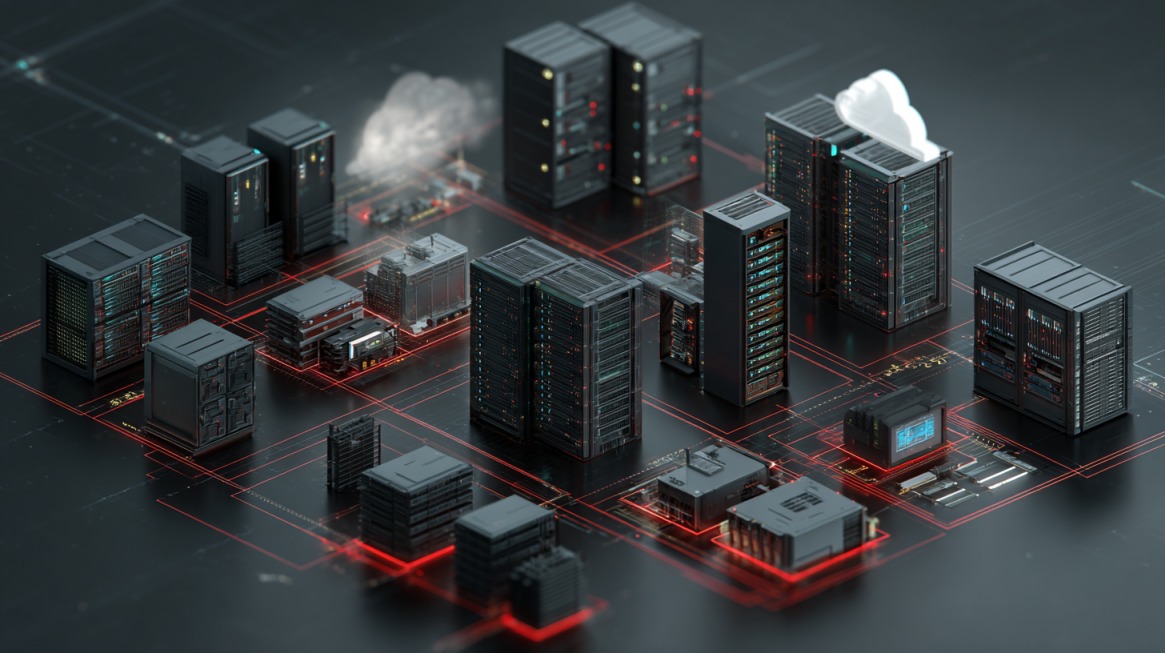 Interconnected data servers and cloud systems shown in a digital network layout